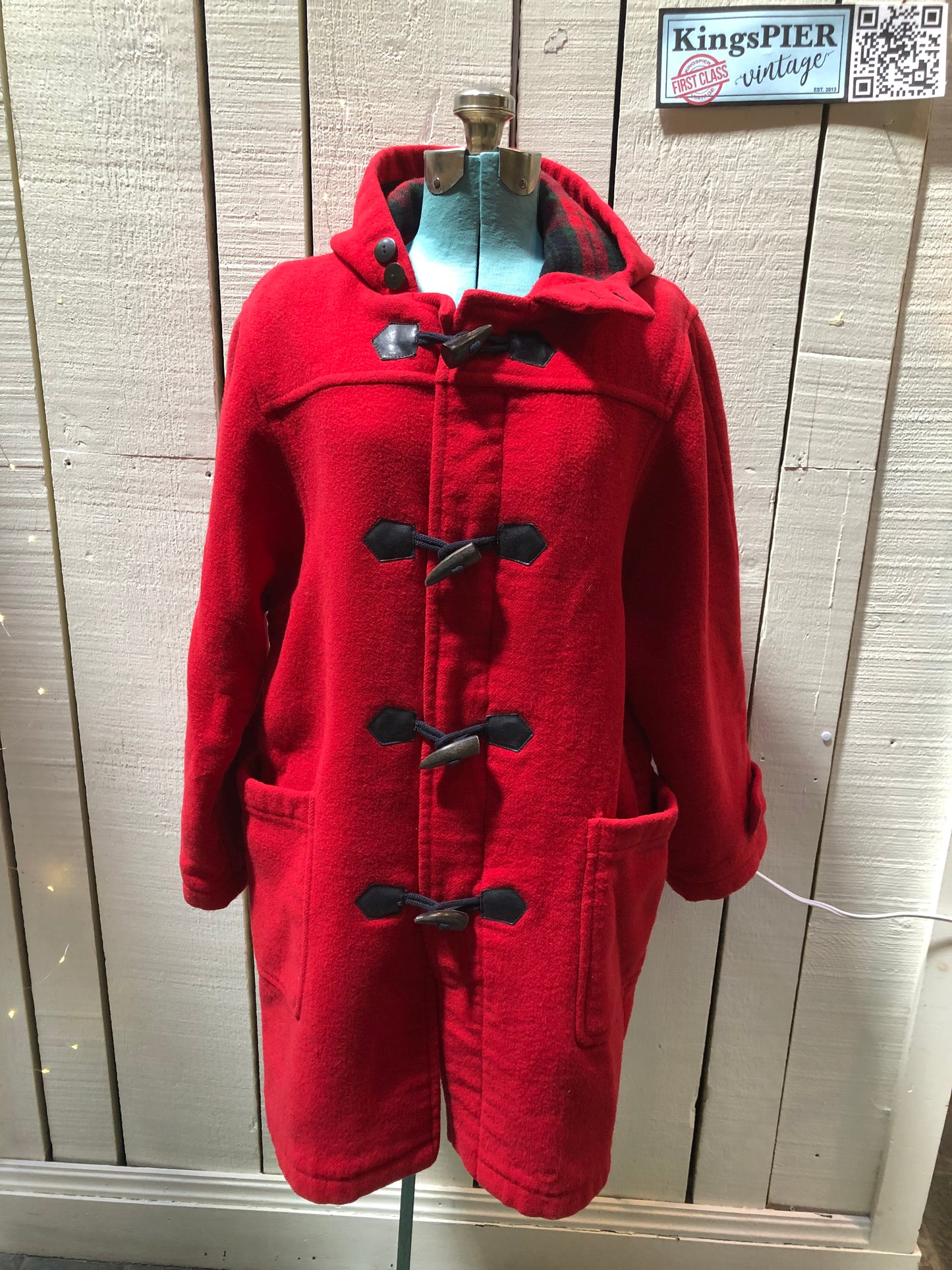 Kingspier Vintage - Michal Beaudouin red 100% wool duffle coat with hood, zipper and antler toggle closures, plaid lining, two front patch pockets and one inside pocket