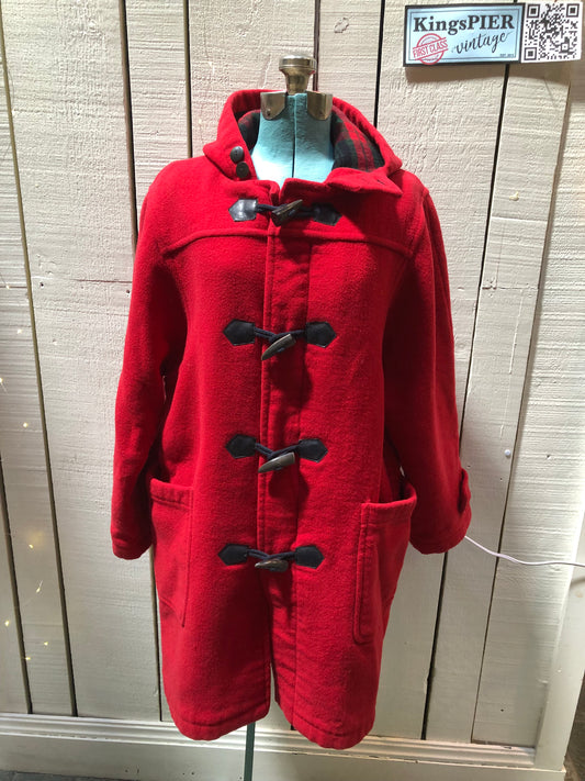 Kingspier Vintage - Michal Beaudouin red 100% wool duffle coat with hood, zipper and antler toggle closures, plaid lining, two front patch pockets and one inside pocket