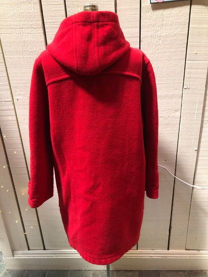 Kingspier Vintage - Michal Beaudouin red 100% wool duffle coat with hood, zipper and antler toggle closures, plaid lining, two front patch pockets and one inside pocket