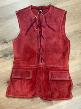 Load image into Gallery viewer, Kingspier Vintage - Rice Sports Wear red suede vest with lace up detail in the front, side zipper and two flap pockets. Made in Canada. Size 38.
