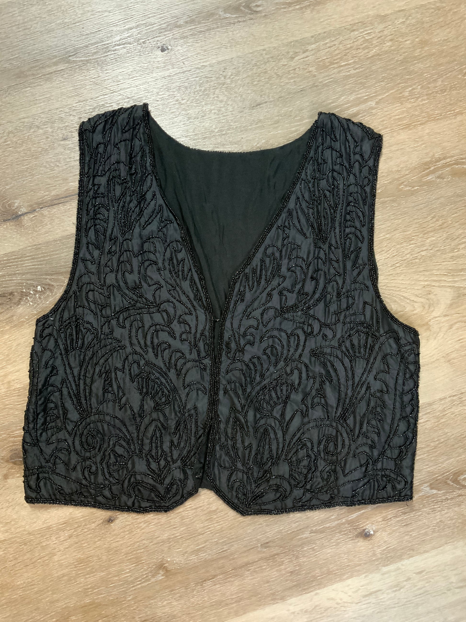 Kingspier Vintage - Black beaded vest with hook and eye closures.