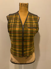 Load image into Gallery viewer, Kingspier Vintage - Casual Corner green plaid wool vest with leather trim and details, zipper closure, one zip pocket on the chest and a quilted lining. Size 8.
