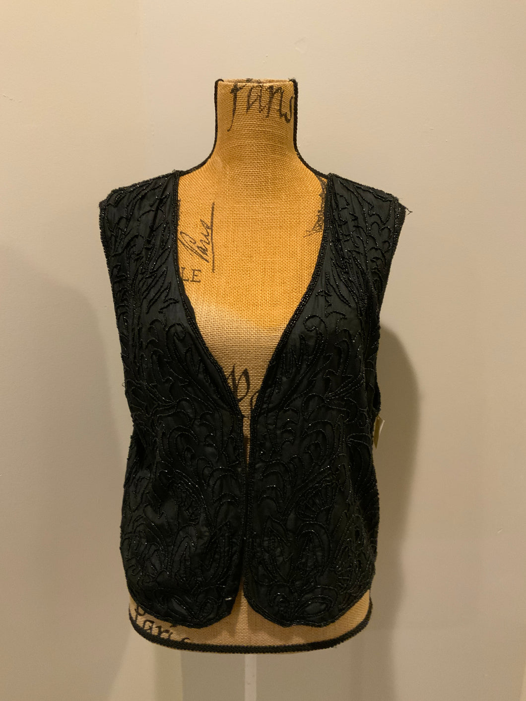 Kingspier Vintage - Black beaded vest with hook and eye closures.