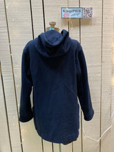 Load image into Gallery viewer, Kingspier Vintage - Eddie Bauer blue duffle coat with hood, antler toggle closures and front patch pockets. Fibres unknown.

Size Small
