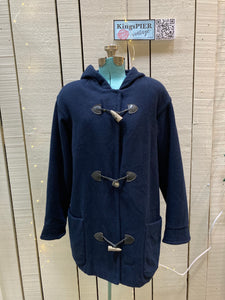 Kingspier Vintage - Eddie Bauer blue duffle coat with hood, antler toggle closures and front patch pockets. Fibres unknown.

Size Small