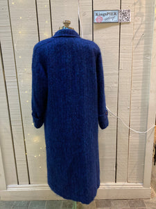 Kingspier Vintage - Vintage Anna blue mohair blend (75% mohair, 50% wool, 5% nylon) double breasted long coat with two front pockets.