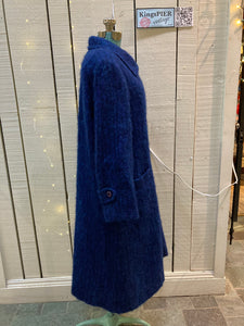 Kingspier Vintage - Vintage Anna blue mohair blend (75% mohair, 50% wool, 5% nylon) double breasted long coat with two front pockets.