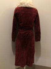 Load image into Gallery viewer, Kingspier Vintage - Leather Attic 1970’s oxblood suede coat with fur collar. Beautifully fitted, the coat features pockets, buttons, a belt and a quilted lining. Made in Canada. Size small.
