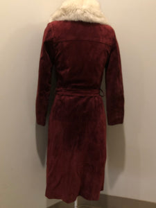 Kingspier Vintage - Leather Attic 1970’s oxblood suede coat with fur collar. Beautifully fitted, the coat features pockets, buttons, a belt and a quilted lining. Made in Canada. Size small.