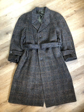 Load image into Gallery viewer, Kingspier Vintage - Evolution grey, black, burgundy and Brown plaid Italian wool mohair blend double breasted coat with welt pockets and belt. The coat is fully lined with two inside pockets. Fits large.
