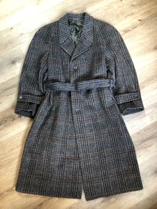 Kingspier Vintage - Evolution grey, black, burgundy and Brown plaid Italian wool mohair blend double breasted coat with welt pockets and belt. The coat is fully lined with two inside pockets. Fits large.