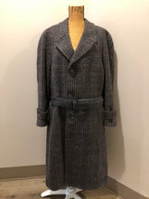Load image into Gallery viewer, Kingspier Vintage - Evolution grey, black, burgundy and Brown plaid Italian wool mohair blend double breasted coat with welt pockets and belt. The coat is fully lined with two inside pockets. Fits large.v
