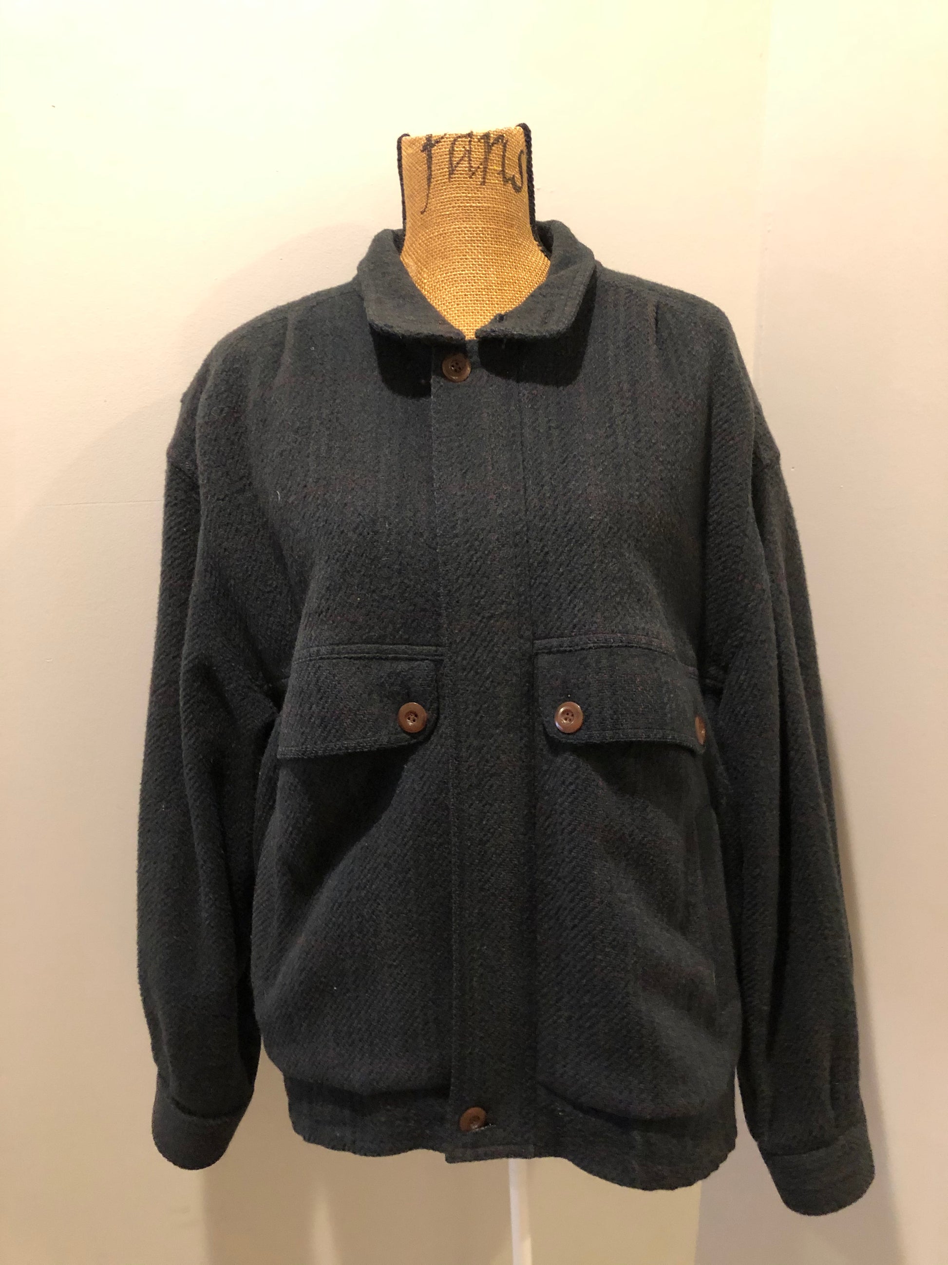 Kingspier Vintage - Angelo Litrico green with navy 100% pure virgin wool harrington jacket with zipper and button closures, flap and slash pockets in front, fully lined with an inside pocket. Size 50. 