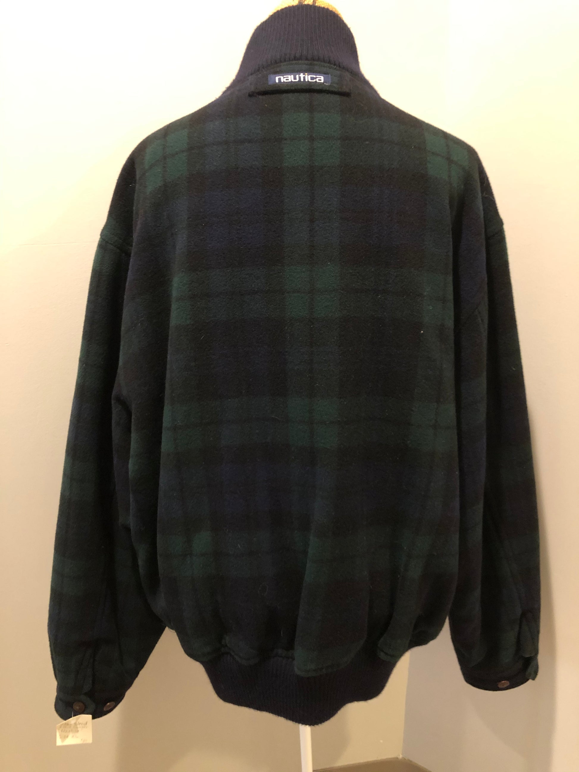 Kingspier Vintage - Nautica green and black “black watch” tartan wool jacket with knit trim collar, zipper, slash pockets and quilted lining. Size XL. 