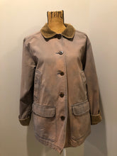 Load image into Gallery viewer, Kingspier Vintage - LL Bean distressed purple chore jacket with beige corduroy collar and cuffs, two slash pockets for keeping your hands warm, two flap pockets and button closures. Size petite Large.
