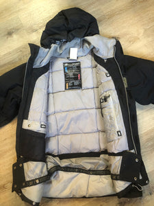 Kingspier Vintage - Bonfire “Triumph” black down filled, waterproof ski jacket with waterproof zippers,sling shot hood adjust, season pass window, many well thought out outside and inside pockets for headphone, phone, goggles, Etc. Size medium. 