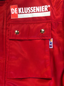 Kingspier Vintage - Deklussenier red jacket with funnel neck, zipper and snap closures, snap closures at wrist and waist, two top flap pockets and two slash pockets, zip off sleeves and zip out quilted lining. Size S. 