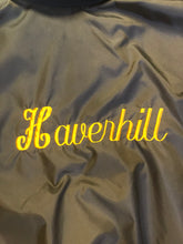 Load image into Gallery viewer, Kingspier Vintage - Havenhill High Soccer varsity jacket in brown with yellow stripe, zipper, front pouch pocket, “Havenhill High” written across the back and “Steph” monogram on the arm. Made in the USA. Size large. 
