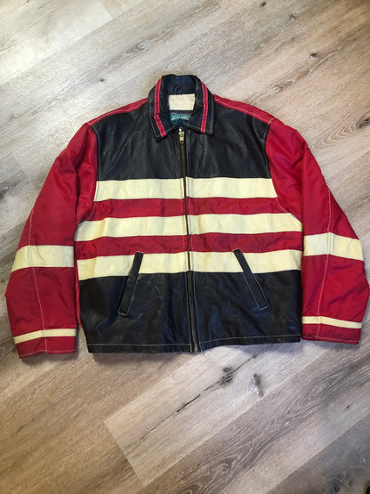 Kingspier Vintage - Jack and Jones leather and polyester jacket in red, black and white with slash pockets, zipper, satin lining and inside pocket. Size large. *Bonus! This jacket was “ Man in the high castle” film stock