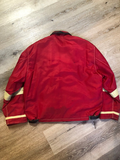 Kingspier Vintage - Jack and Jones leather and polyester jacket in red, black and white with slash pockets, zipper, satin lining and inside pocket. Size large. *Bonus! This jacket was “ Man in the high castle” film stock