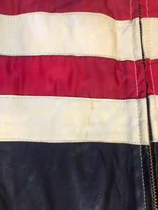 Kingspier Vintage - Jack and Jones leather and polyester jacket in red, black and white with slash pockets, zipper, satin lining and inside pocket. Size large. *Bonus! This jacket was “ Man in the high castle” film stock