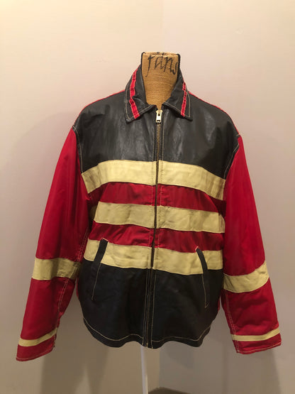 Kingspier Vintage - Jack and Jones leather and polyester jacket in red, black and white with slash pockets, zipper, satin lining and inside pocket. Size large. *Bonus! This jacket was “ Man in the high castle” film stock