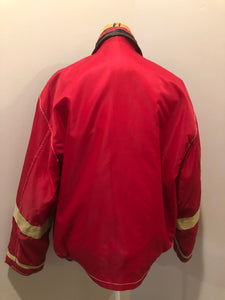 Kingspier Vintage - Jack and Jones leather and polyester jacket in red, black and white with slash pockets, zipper, satin lining and inside pocket. Size large. *Bonus! This jacket was “ Man in the high castle” film stock