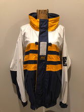 Load image into Gallery viewer, Kingspier Vintage - Heely Hansen ”Extreme” white,yellow and navy windbreaker with funnel neck and roll up hood, zipper and Velcro closures, reflective square on front and Helly Hansen patch on arm. Size XL.
