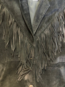 Kingspier Vintage - Laurence Roy black lamb leather suede jacket circa 1980’s with fringe detailing, button closures and slash pockets. Made in Canada. Size large. 