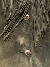 Load image into Gallery viewer, Kingspier Vintage - Laurence Roy black lamb leather suede jacket circa 1980’s with fringe detailing, button closures and slash pockets. Made in Canada. Size large. 
