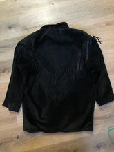 Load image into Gallery viewer, Kingspier Vintage - Laurence Roy black lamb leather suede jacket circa 1980’s with fringe detailing, button closures and slash pockets. Made in Canada. Size large. 
