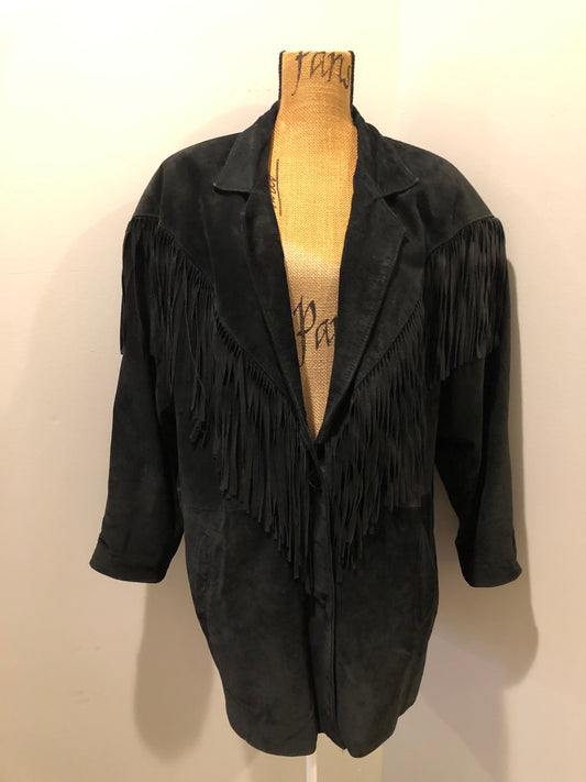 Kingspier Vintage - Laurence Roy black lamb leather suede jacket circa 1980’s with fringe detailing, button closures and slash pockets. Made in Canada. Size large. 