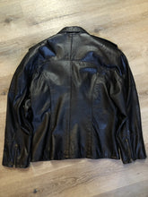 Load image into Gallery viewer, Kingspier Vintage - Plonge black leather moto jacket with zipper and slash pockets. Made in Canada. Size small.
