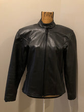Load image into Gallery viewer, Kingspier Vintage - Black leather moto jacket with zipper, zips on the sides for more room, mesh lining and inside pocket. Size XS. 
