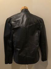 Load image into Gallery viewer, Kingspier Vintage - Black leather moto jacket with zipper, zips on the sides for more room, mesh lining and inside pocket. Size XS. 
