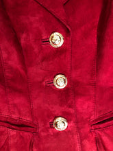 Load image into Gallery viewer, Kingspier Vintage - Danier red suede jacket with fitted silhouette, three gold decorative buttons and two slanted welt pockets. Size small.
