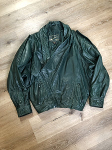 Kingspier Vintage - Leather Factory forest green 1980’s leather jacket with unique shall collar, zipper and vertical pockets, Size XS.