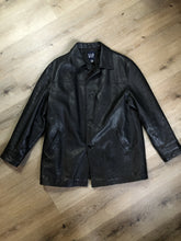 Load image into Gallery viewer, Kingspier Vintage - Gap black leather jacket with button closures, slash pockets, inside pocket and quilted lining. Size large. 
