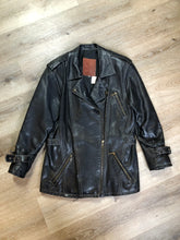 Load image into Gallery viewer, Kingspier Vintage - Lawrence Roy black lambskin leather jacket with zipper and three zip slash pockets. Made in Canada. Size large.
