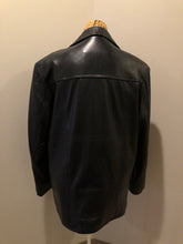 Load image into Gallery viewer, Kingspier Vintage - Kashmir Garments black leather jacket features two flap pockets on the chest with hidden chain detail underneath and skull button closures. Size medium.
