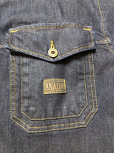Load image into Gallery viewer, Kingspier Vintage - ATF (Analog Technical Fashion) denim jacket in a dark wash with button closures, two zip slash pockets, two flap pockets, an inside pocket and a plaid lining. Union made. Size XL. 
