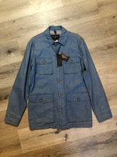 Load image into Gallery viewer, Kingspier Vintage - Black &amp; Brown linen safari jacket in light blue with button closures and four flap pockets. Size small.
