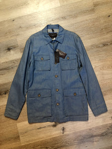 Kingspier Vintage - Black & Brown linen safari jacket in light blue with button closures and four flap pockets. Size small.
