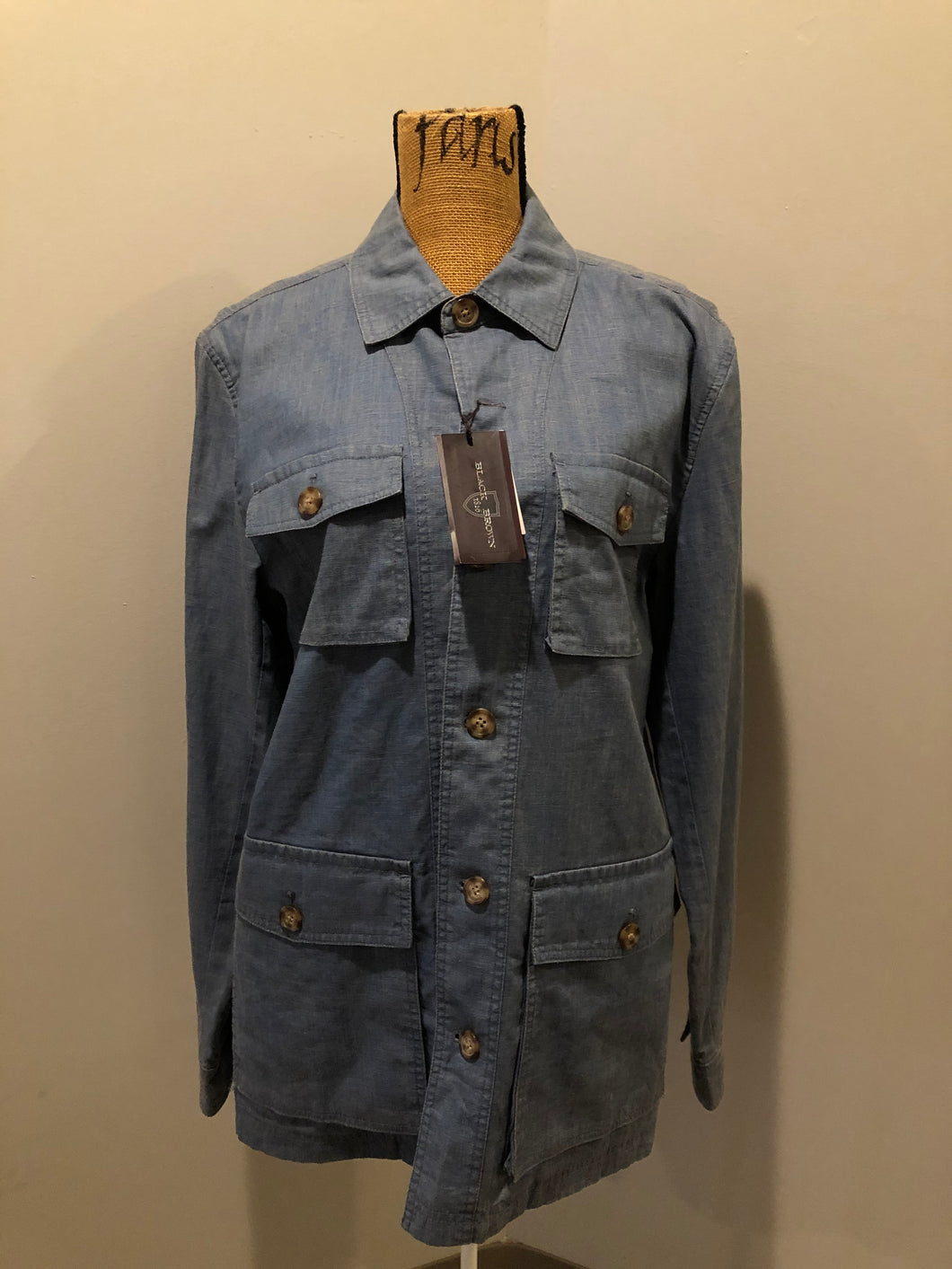 Kingspier Vintage - Black & Brown linen safari jacket in light blue with button closures and four flap pockets. Size small.