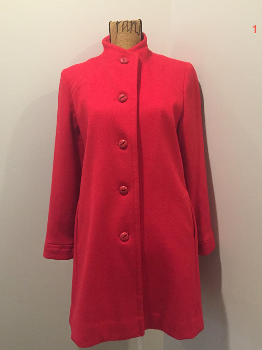 Kingspier Vintage - Electre Paris red wool car coat with red button closures, welt pockets and subtle detailing on shoulders. Made in Canada