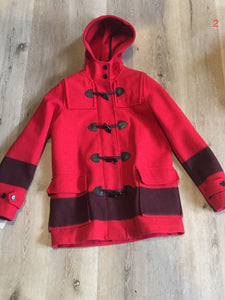 Kingspier Vintage - Hudson’s Bay Company official 2014 Olympics duffle coat in red with hood, toggles, zipper and flap pockets. Size is small.