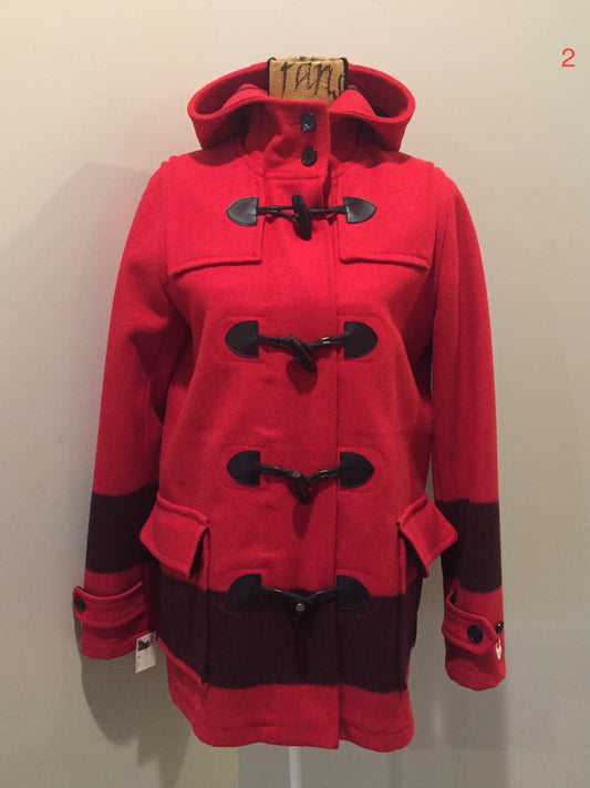 Kingspier Vintage - Hudson’s Bay Company official 2014 Olympics duffle coat in red with hood, toggles, zipper and flap pockets. Size is small.