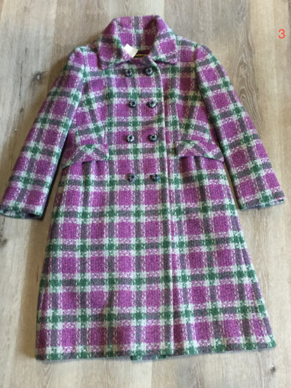 Kingspier Vintage - Keene Furs Shagmoor wool green and purple plaid double breasted car coat with belt at waist. Made in the USA.