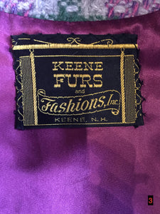 Kingspier Vintage - Keene Furs Shagmoor wool green and purple plaid double breasted car coat with belt at waist. Made in the USA.