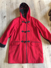 Load image into Gallery viewer, Kingspier Vintage - Club Manteau red wool blend duffle coat with hood, toggles, flap pockets and thin black leather trim. Size is small
